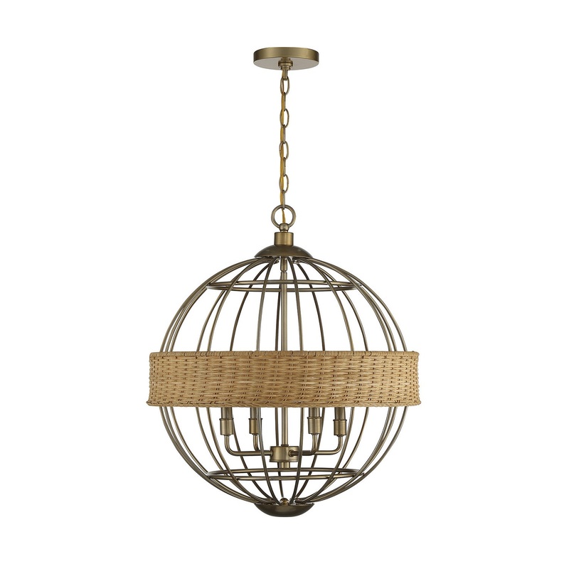 Boreal 4-Light Pendant in Warm Brass With Natural Rattan